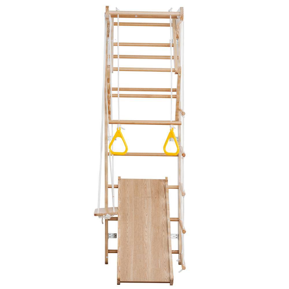 Wooden Climbing Toy Sets for Toddlers, with Slide Plate Swing Rings, Wall Mounted Natural Wood Play Gym