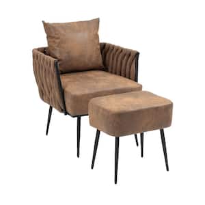 Modern Coffee Linen Accent Chair with Ottoman with Metal Frame