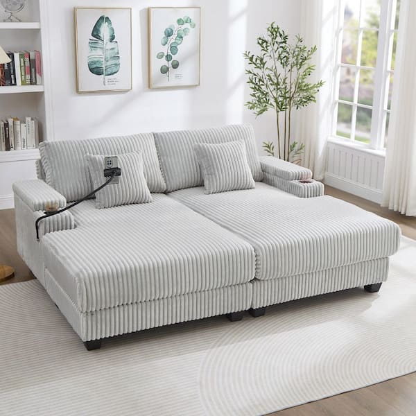 Falmare Light Grey Corduroy Polyester Upholstered Double Chaise Lounge Sofa Bed Sleeper Sofa with Adjustable Backrest