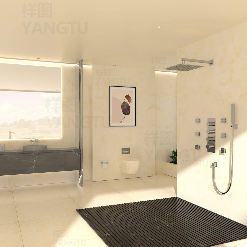 12 Inch Chrome LED Wall Mounted Rain Shower System with Handheld and Body Jets