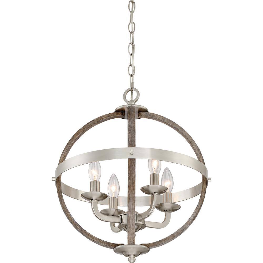 Brushed Nickel Cage 4-Light Chandelier with Faux Wood Accents