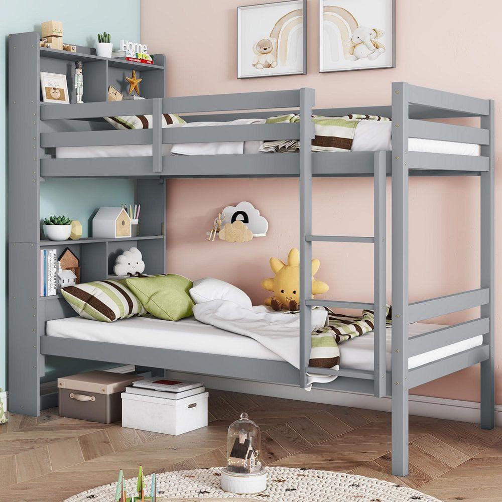 Qualler Gray Twin Over Twin Bunk Bed with Shelves Headboard and