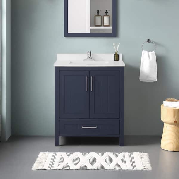 OVE Decors Kansas 30 in. W x 19 in. D x 34 in. H Single Sink Bath Vanity in Midnight Blue with White Engineered Stone Top