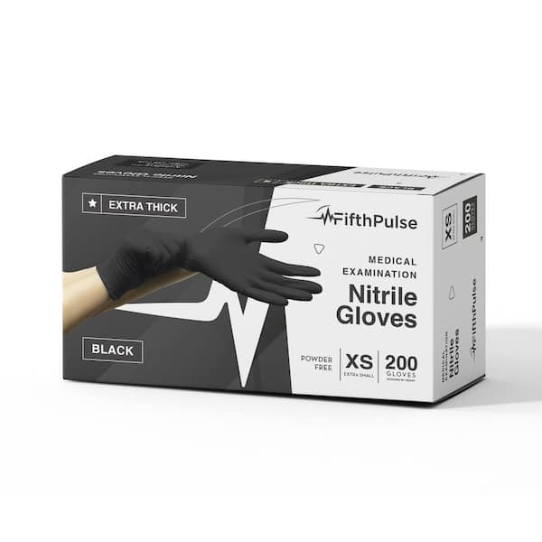FifthPulse Extra Small Nitrile Exam Latex Free and Powder Free THICKER Gloves - (4 mil) in Black - Box of 200