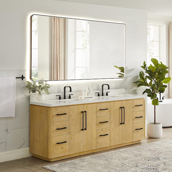 Serene 84 in. Double Freestanding Nature Brown Bath Vanity with Grain White Engineered Stone Top Assembled with Mirror
