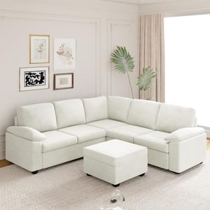 84 in. Pillow Top Arm 6 Seat L-Shape Velvet Upholstered Sectional Sofa in. Beige with Moveable Ottoman