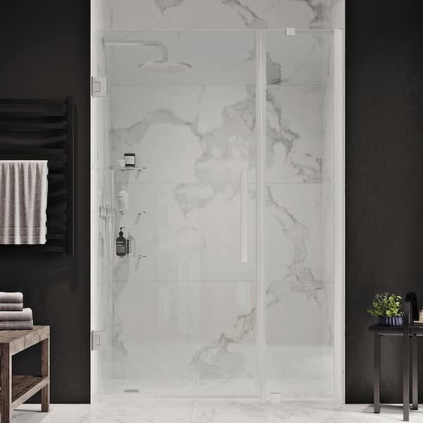 OVE Decors Tampa-Pro 37 15/16 in. - 39 1/16 in. W x 72 in. H Pivot Frameless Shower in Satin Nickel with Shelves