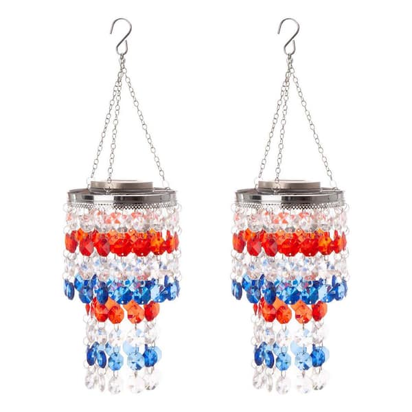 Glitzhome 2-Piece 19.25 in. H Solar Lighted Multicolored Acrylic Jewel Beaded Wind Chime or Patriotic Windchime