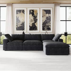 120 in. Flared Arm Linen Flannel Modular 3-Seat Overstuffed L-shape Sofa Free Combination Sectional with Ottoman, Black