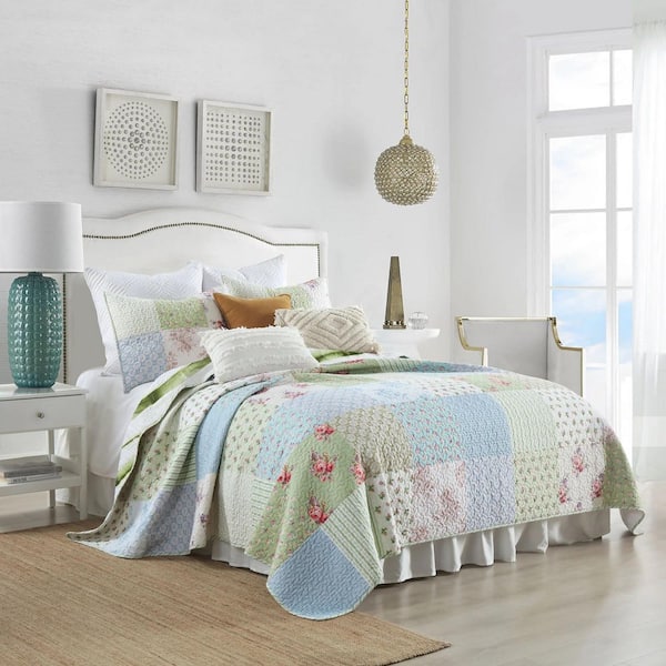 BY225 3-Piece Cottage Style Floral Prints King Size Polyester Quilt Bedspread Set