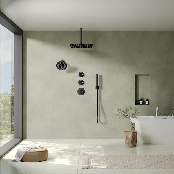 12 in. 4-Spray Patterns Ceiling Mount Dual Shower Heads with Fixed and Handheld Shower Head (Valve Included)