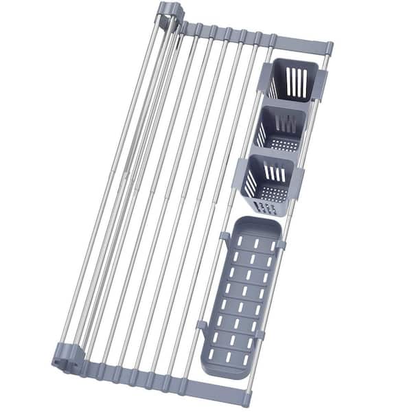 22.8 in. x 12.7 in. Gray Expandable Roll Up Dish Drying Rack with 2-Storage Baskets, Over the Sink Foldable Dish Rack