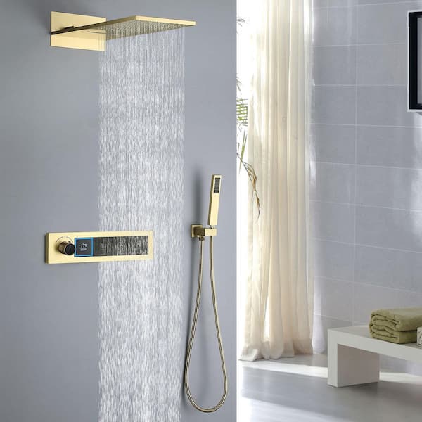 4-Spray Dual Wall Mount Fixed and Handheld Shower Head 1.59 GPM in Brushed Gold LED Digital Display Thermostatic Shower