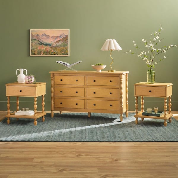 Modern Farmhouse Easy Assembly 3-Piece Solid Wood Natural 1-drawer 22 in. Nightstands and 6-drawer 54 in. Dresser Set
