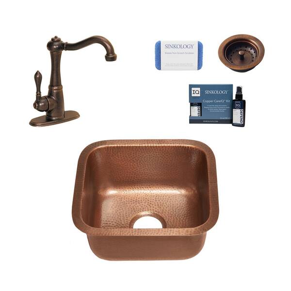 SINKOLOGY Sisley 16 Gauge Copper 15 in. Undermount Bar Sink with Pfister Faucet and Drain