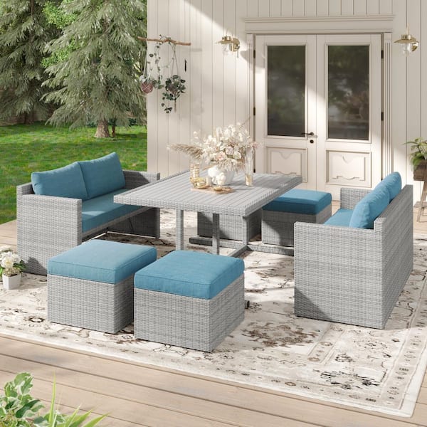 CORVUS Martinka Gray 7-Piece Wicker Outdoor Dining Set with Blue Cushions