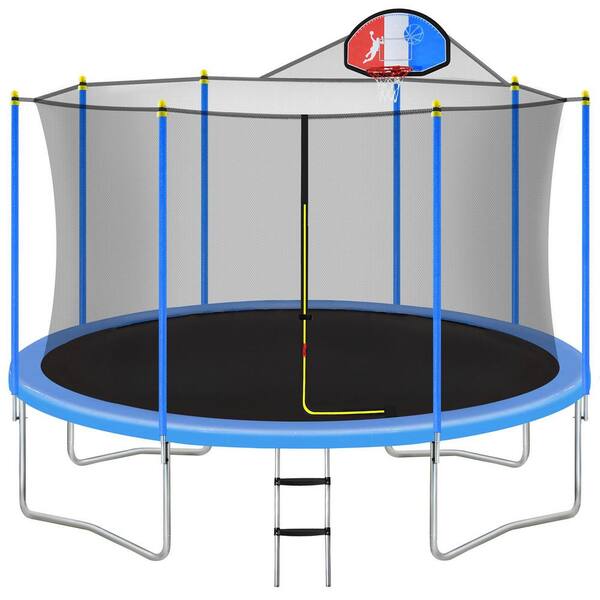 maocao hoom 14 ft. Blue Backyard Trampoline with Safety Enclosure, Basketball Hoop and Ladder