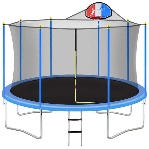 maocao hoom 12 ft. Blue Backyard Trampoline with Safety Enclosure, Basketball Hoop and Ladder