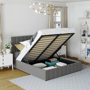 Gray Queen Upholstered Platform Bed With Gas Lift up Storage, Wooden Platform Bed Frame with Hydraulic Storage System