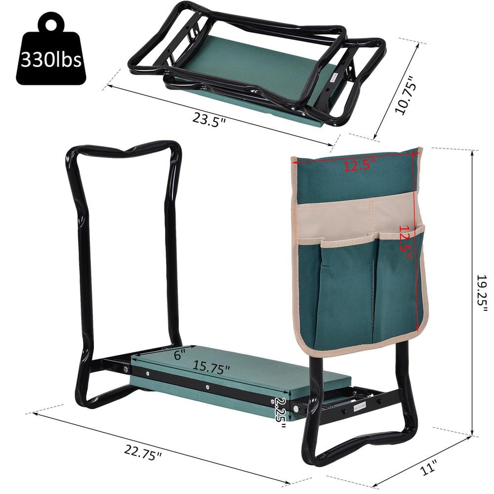 Green and Black Folding Garden Kneeler Seat with Tool Pouch