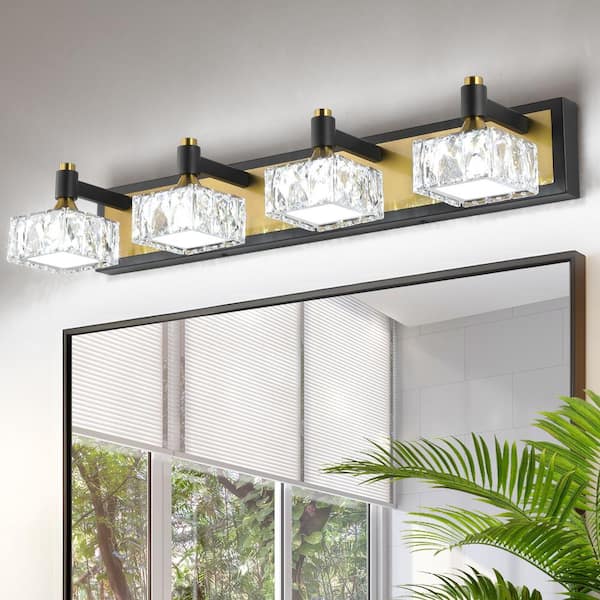 JUSHENG 27.56 in. 4-Light Black and Brass Bathroom Vanity Light with Crystal Lampshade Modern Wall Sconce