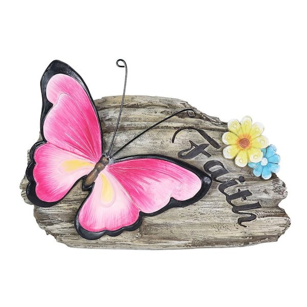 Exhart 11 in. x 8 in. Faith Pink Butterfly Hand Painted Garden Statue