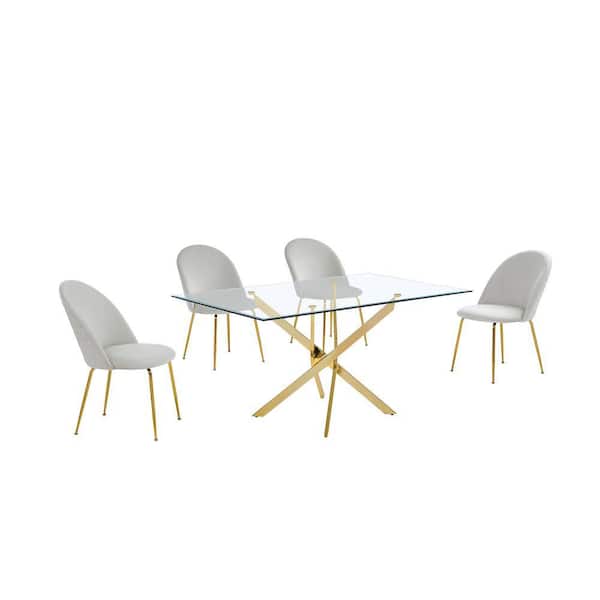 Olly 5-Piece Tempered Glass Top Gold Cross Legs Base Dining Set Cream Velvet Fabric Chairs Set Seats 4