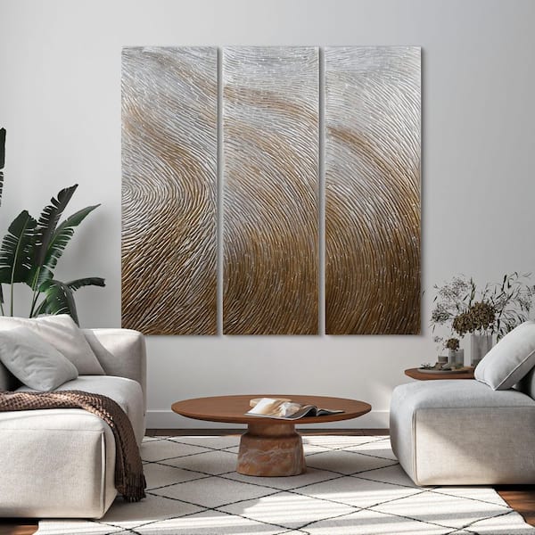 60 in. x 20 in. "Gold Waves" - Set of 3 Textured Metallic Hand Painted by Martin Edwards Wall Art