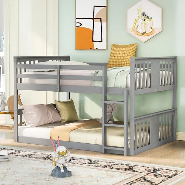 Harper & Bright Designs Gray Full over Full Wood Bunk Bed with Headboard, Footboard and Ladder