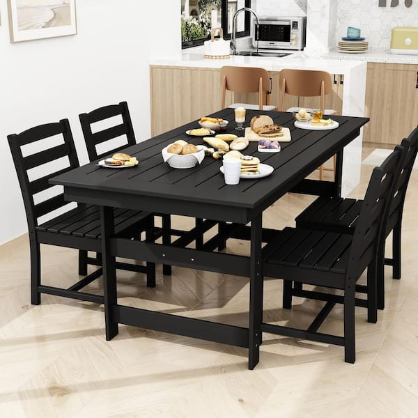 Black 5-Piece HDPE Plastic Patio Outdoor Dining Set with 1 Umbrella Hole Cut-Out Rectangular Table and 4 HDPE Chairs
