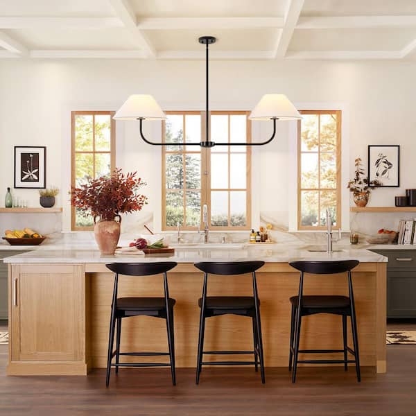 Kandras 60-Watt 2-Light Modern Matte Black Linear Cone Fabric Large Kitchen Island Pendant Light