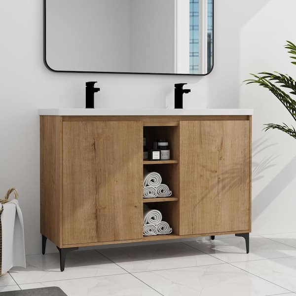 FAMYYT 48 in. W x 18.3 in. D x 34.6 in. H Double Sink Freestanding Bath Vanity in Imitative Oak with White Cultured Marble Top