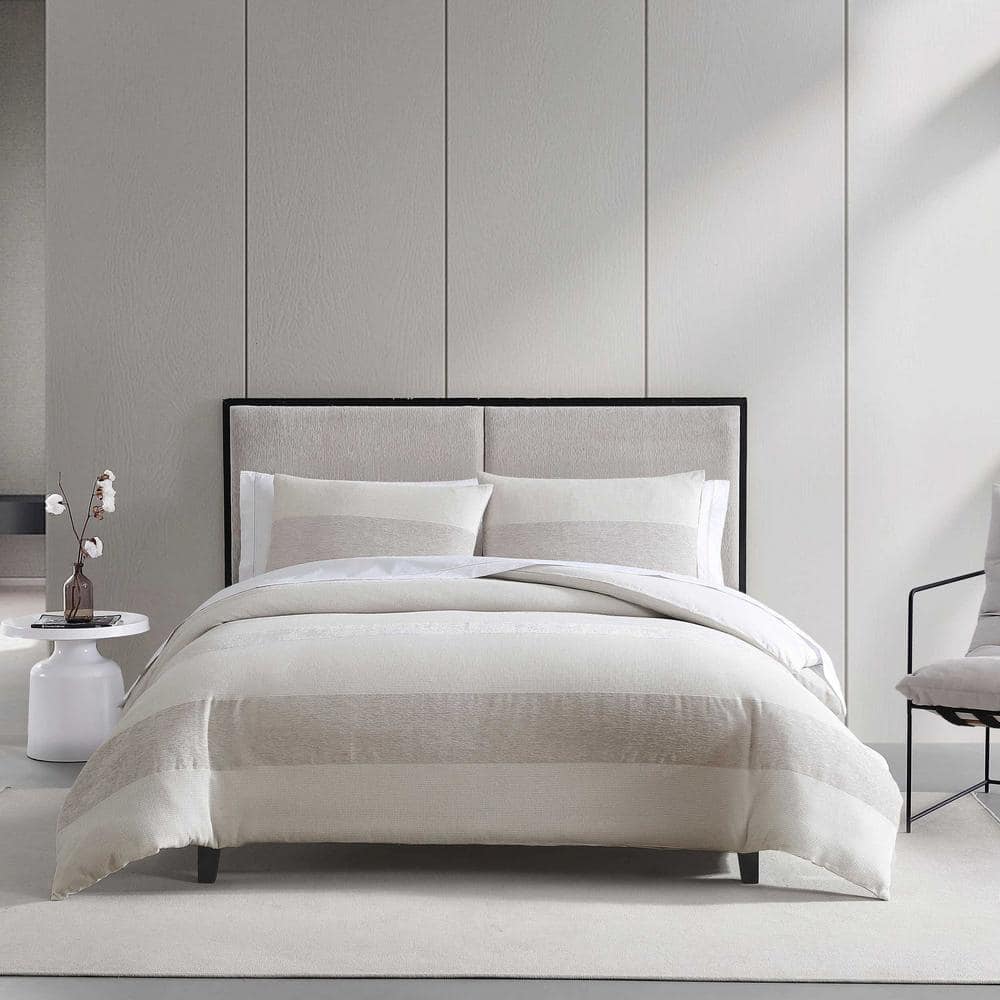 VERA WANG Chenille Waffle Stripe 3Piece Beige Cotton Blend Queen Duvet