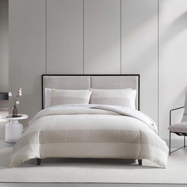 VERA WANG Chenille Waffle Stripe 3-Piece Beige Cotton Blend King Duvet Cover Set