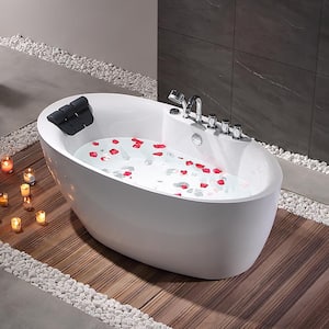 67 in. Center Drain Acrylic Freestanding Flatbottom Whirlpool Bathtub in White with Faucet - Water Jets