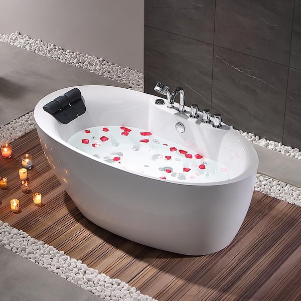 Empava 67 in. Center Drain Acrylic Freestanding Flatbottom Whirlpool Bathtub in White with Faucet - Water Jets