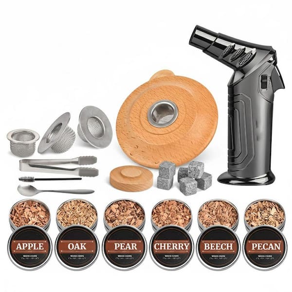 Kit Black Wood Cocktail Smoker Kit with Torch and 6 Flavors Wood Chips for Bourbon and Whiskey Infusing
