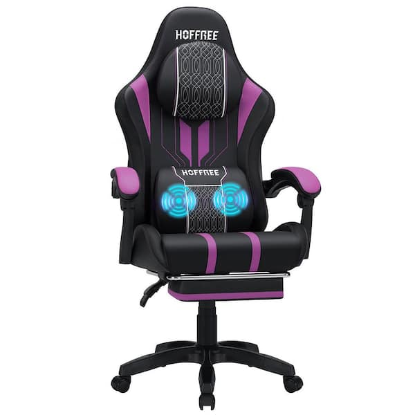 Hoffree Faux Leather Massage Ergonomic Game Chair Big and Tall Gaming Chair in Purple with Padded Arms