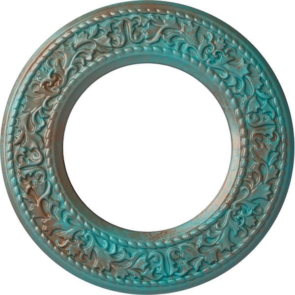 Ekena Millwork 3/4 in. x 13-3/8 in. x 13-3/8 in. Polyurethane Jet Blackthorn Ceiling Medallion, Copper Green Patina