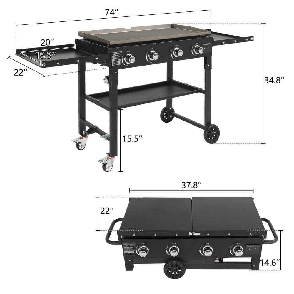 Foldable Black 4-Burner Propane Gas Griddle Cooking Station