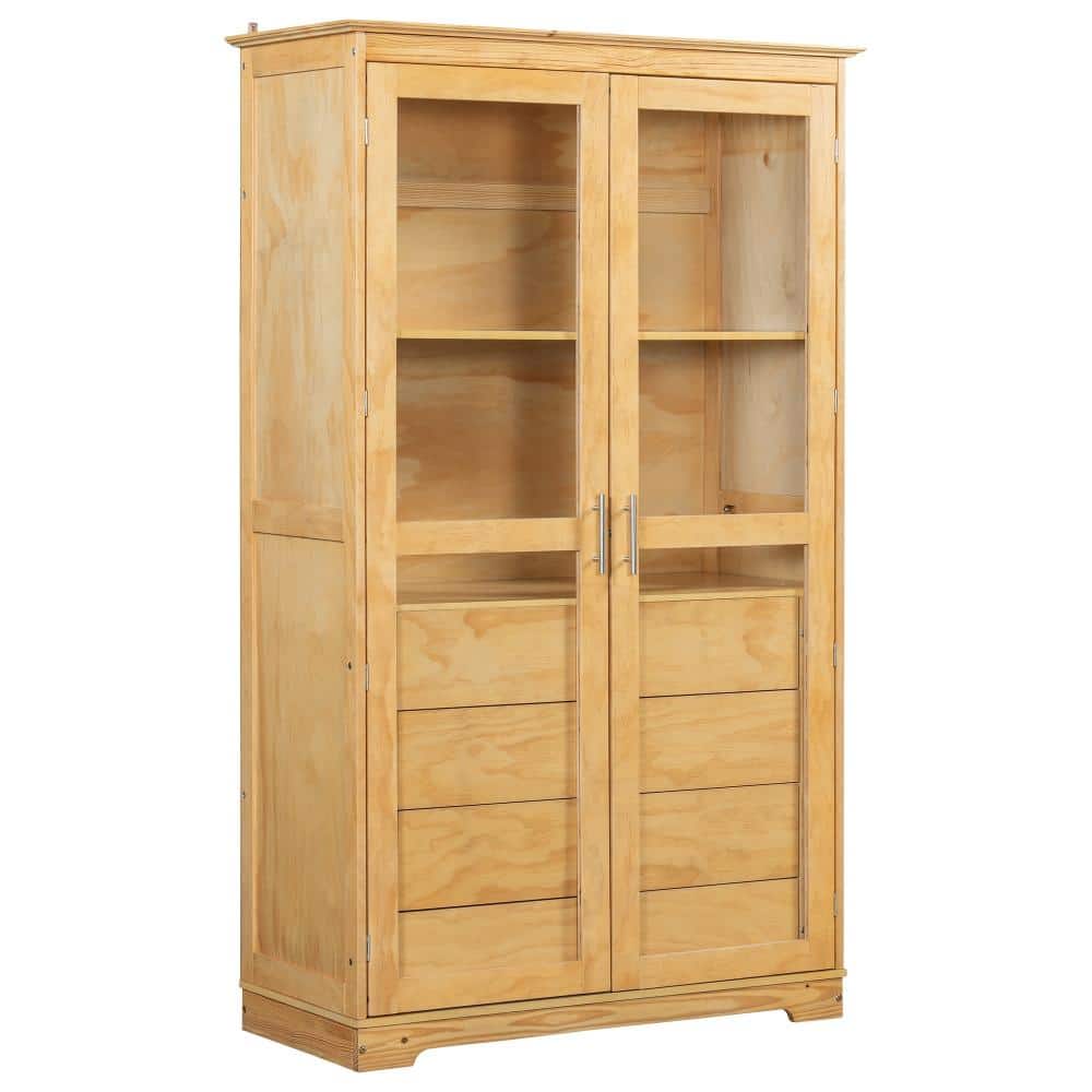 Natural Pine 44.7 in. x 75 in. Pantry Cabinet with Glass Doors and 4 Drawers durable construction