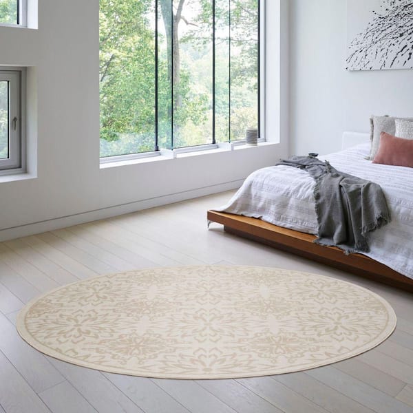 Jubilant Ivory Beige 8 ft. x 8 ft. Floral Transitional Round Area Rug