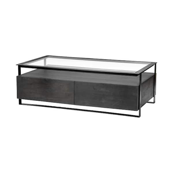 Mercana Vidro Glass Top w/Black Solid Wood Drawers & Black Metal Frame Coffee Table
