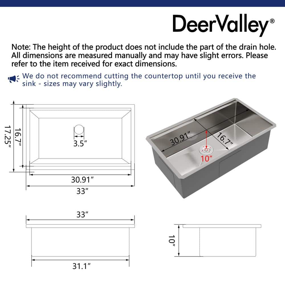 33" Stainless Steel Single Bowl Undermount Workstation Kitchen Sink