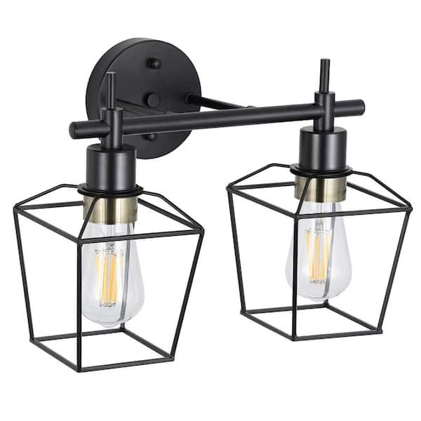 HKMGT Farmhouse 14.17 in. 2-Light Black Bathroom Vanity Light with Wire Cage