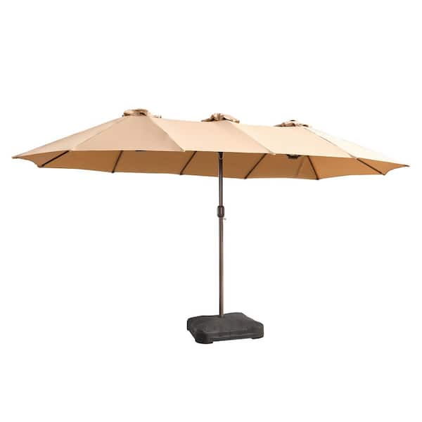 Extra-Large 8.5 x 14.5 ft. Rectangular Patio Umbrella with Colorful Solar Light, Steel Stand and Sand Bags in Beige