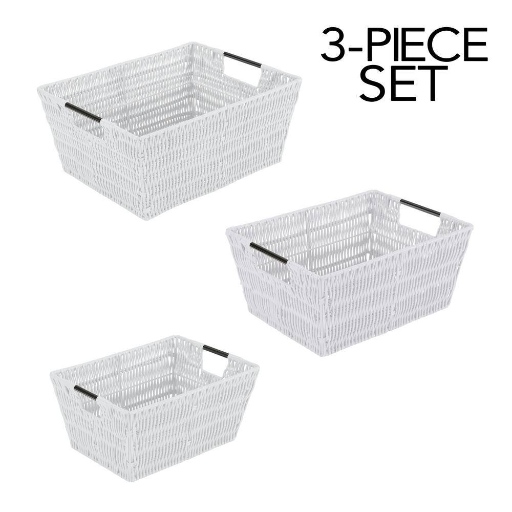 White Rectangular Rattan Storage Baskets with Iron Handles, Set of 3
