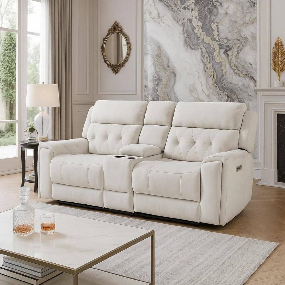 Celly 40 in. Solid Microfiber 2-Seater Power Reclining Loveseat in Beige with Console and USB Port