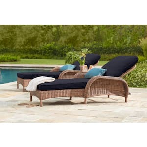 Beacon Park Brown Wicker Outdoor Patio Chaise Lounge with CushionGuard Midnight Navy Blue Cushions