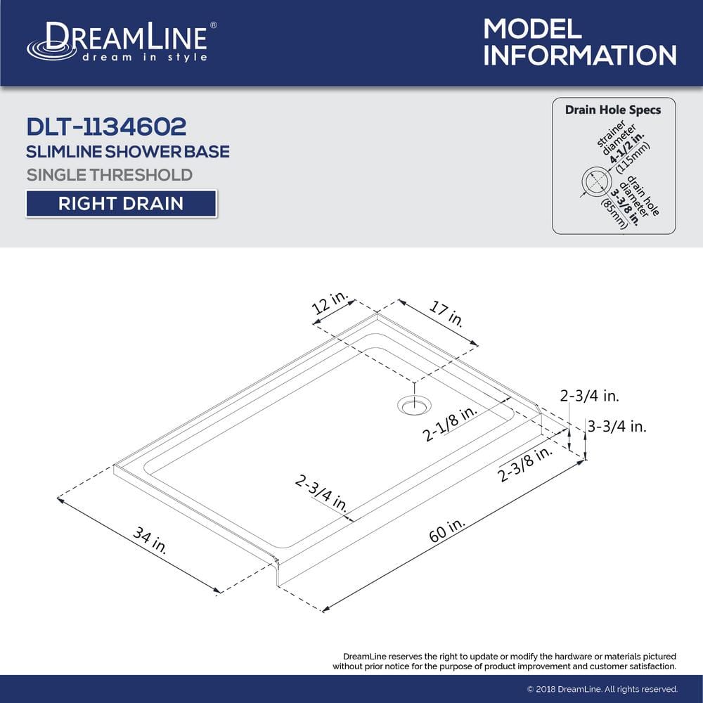 SlimLine 60" x 34" White Acrylic Single Threshold Shower Base